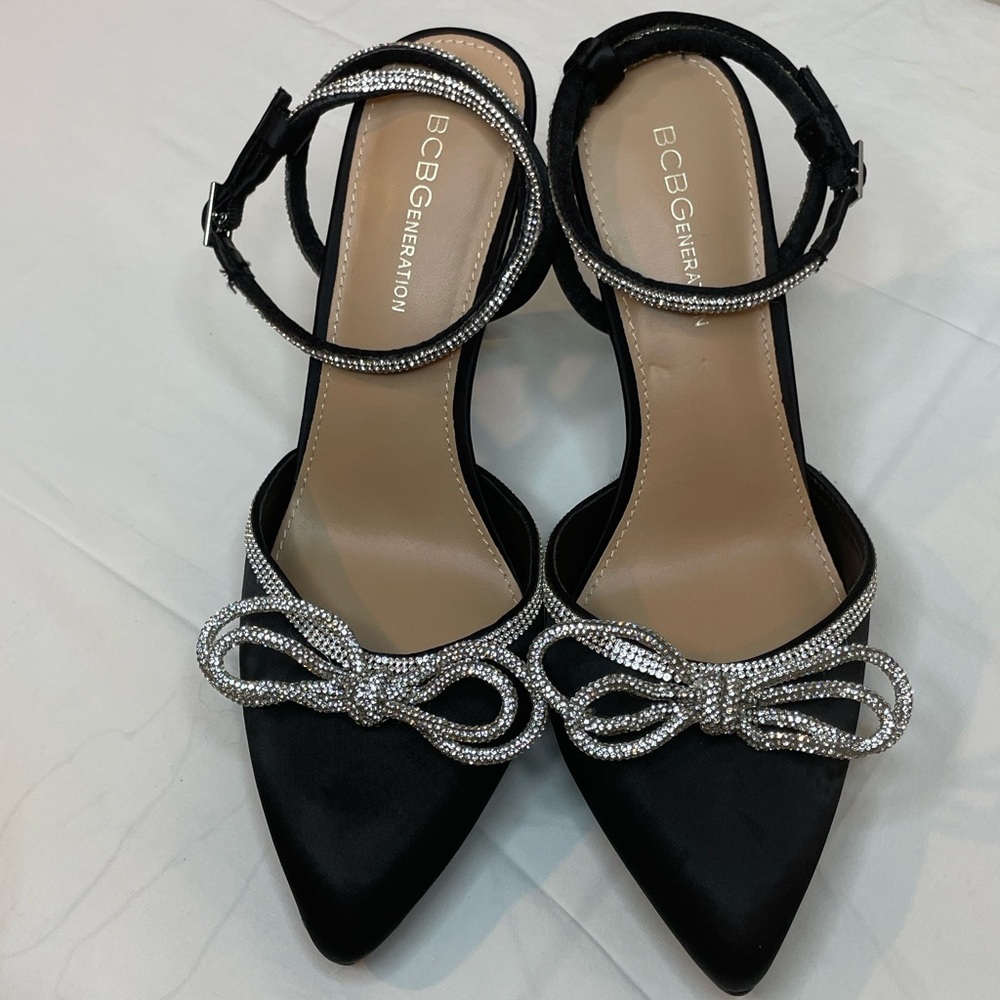 BCBGeneration Black Satin Heels with Silver Bow Accents